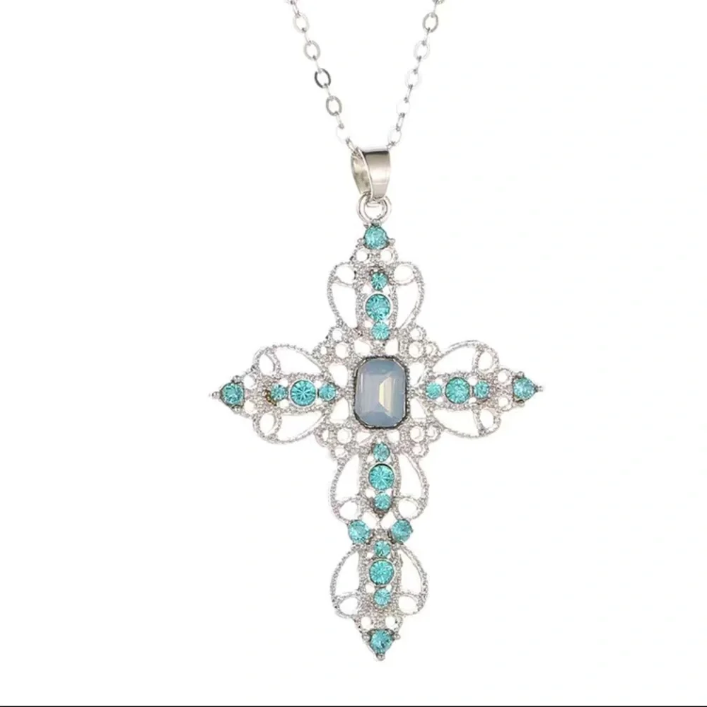 Ornate Teal Blue Silver Toned Cross Necklace - Picture 1 of 1